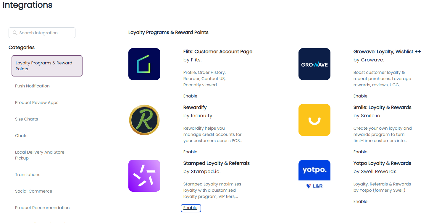 enable the integration Stamped Loyalty & Referrals