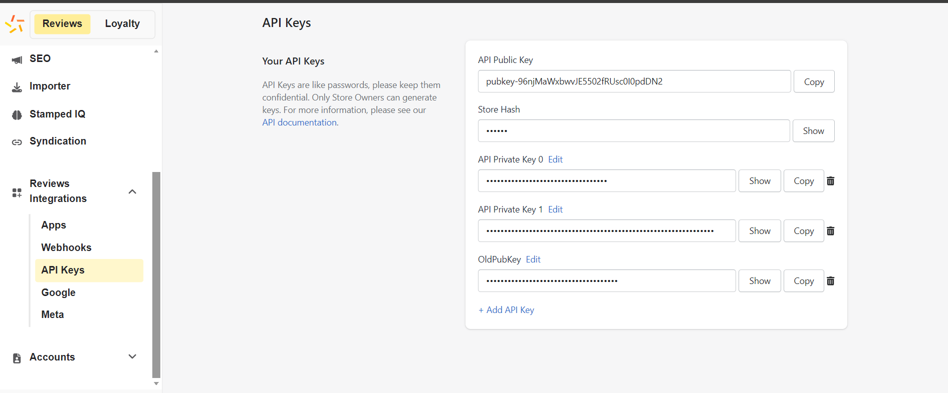 api key Stamped Loyalty & Referrals